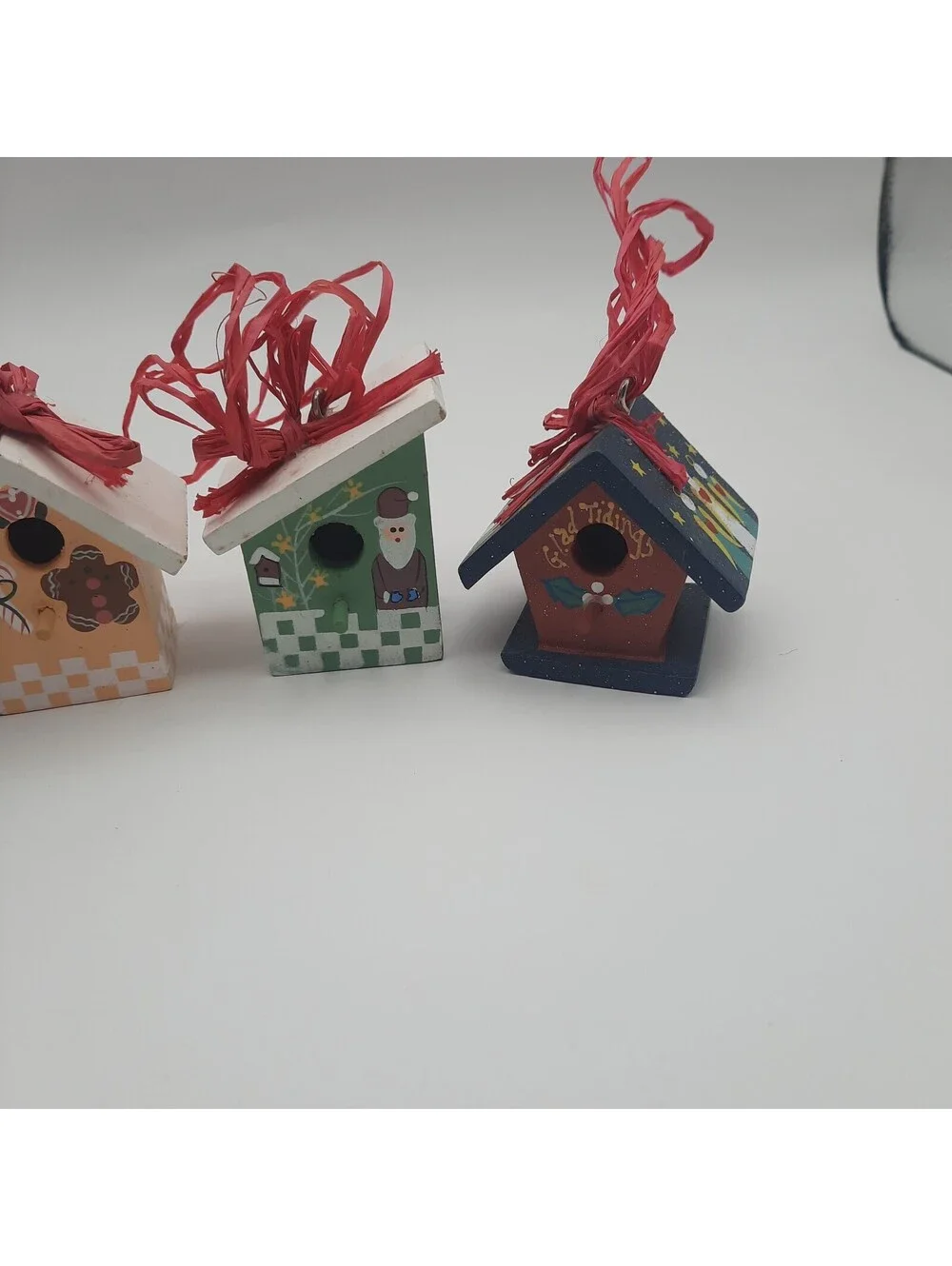 Lot of 4 Small Birdhouse Ornaments  Wood w/Raffia Hangers Chritmas/Holidays